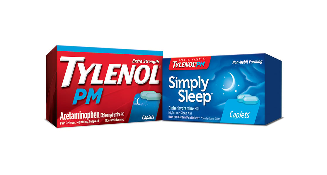 Paquetes de productos Tylenol PM Extra Strength and Simply Sleep